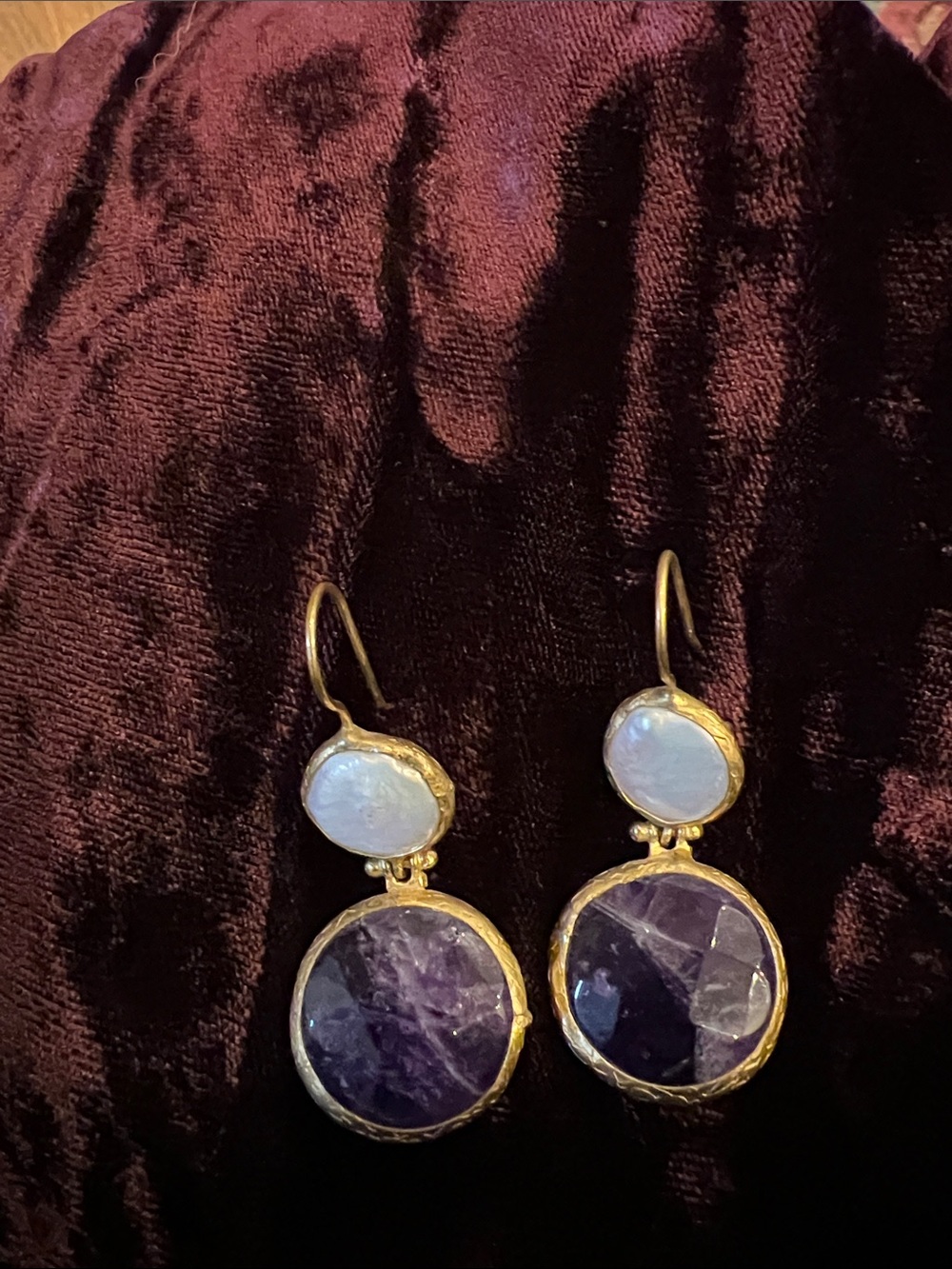 Turkish pierced earrings, gold over bronze with amethyst and fresh water pearls